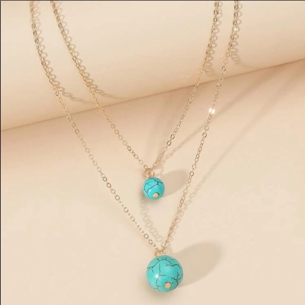 3/$30 TURQUOISE DOUBLE BALLS GOLD LAYER NECKLACE